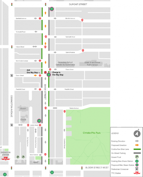 Map of Area 1 – Changes on Shaw Street (Dupont Street to Bloor Street West)