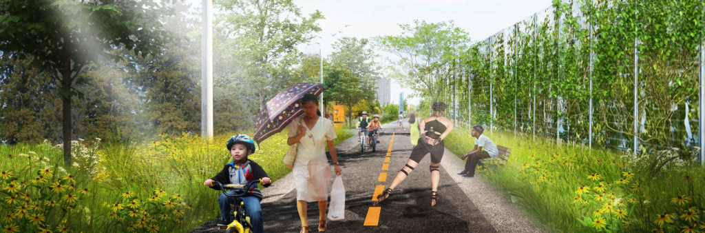 A rendering of the future Railpath in use: child on a bike with training wheels cycling, a woman with an umbrella in one hand and bag in walking, a person rollerblading and someone sitting on a bench.