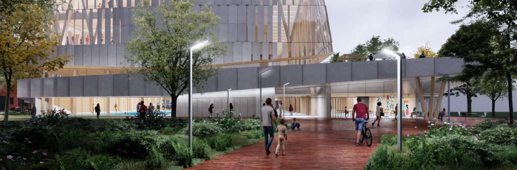 Rendering depicts the new community recreation centre's entrance on the East side (park side). The four story building shows mass timber on the inside and glass which allows you to see some of the activity rooms. From this angle you can see the rooftop terrace.