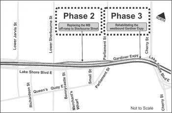 Map of Phase 2 and 3 Work – Extensive repairs to the westbound Lower Sherbourne / Lower Jarvis Streets off-ramp