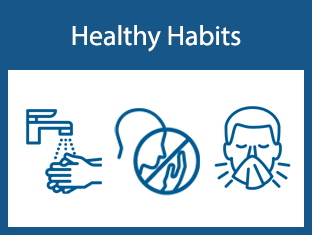 Healthy habits - graphic of person washing hands, coughing into their hands with an X on top, and a person blowing their nose