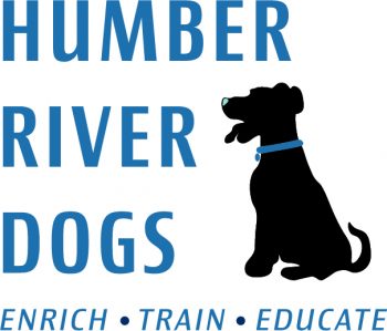 Blue logo for Humber River Dogs. Enrich. Train. Educate.