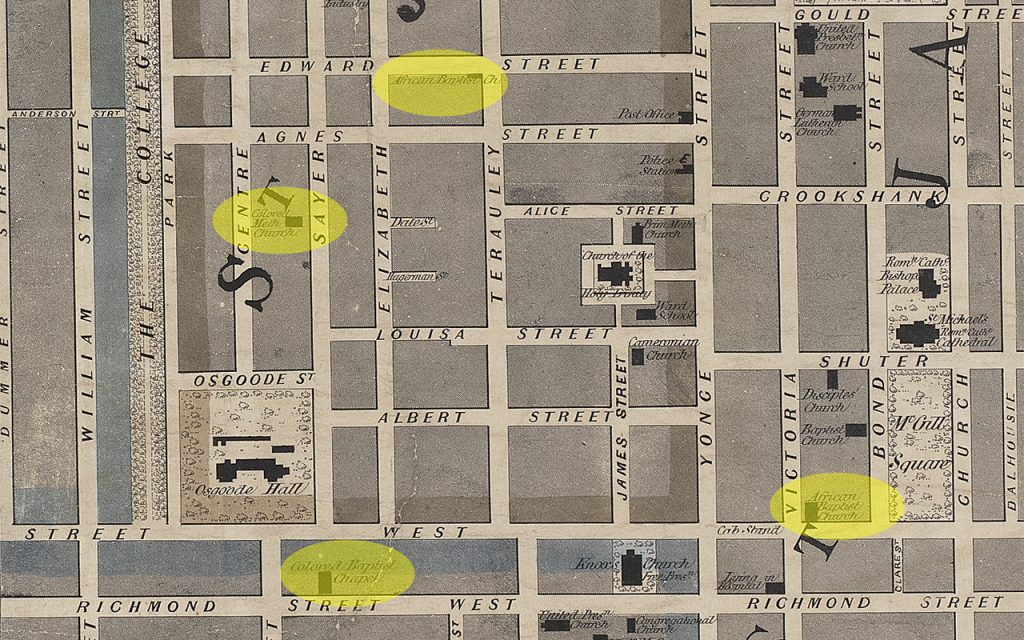 Detail of 1856 map of central Toronto, focused on Bay and Queen street intersection