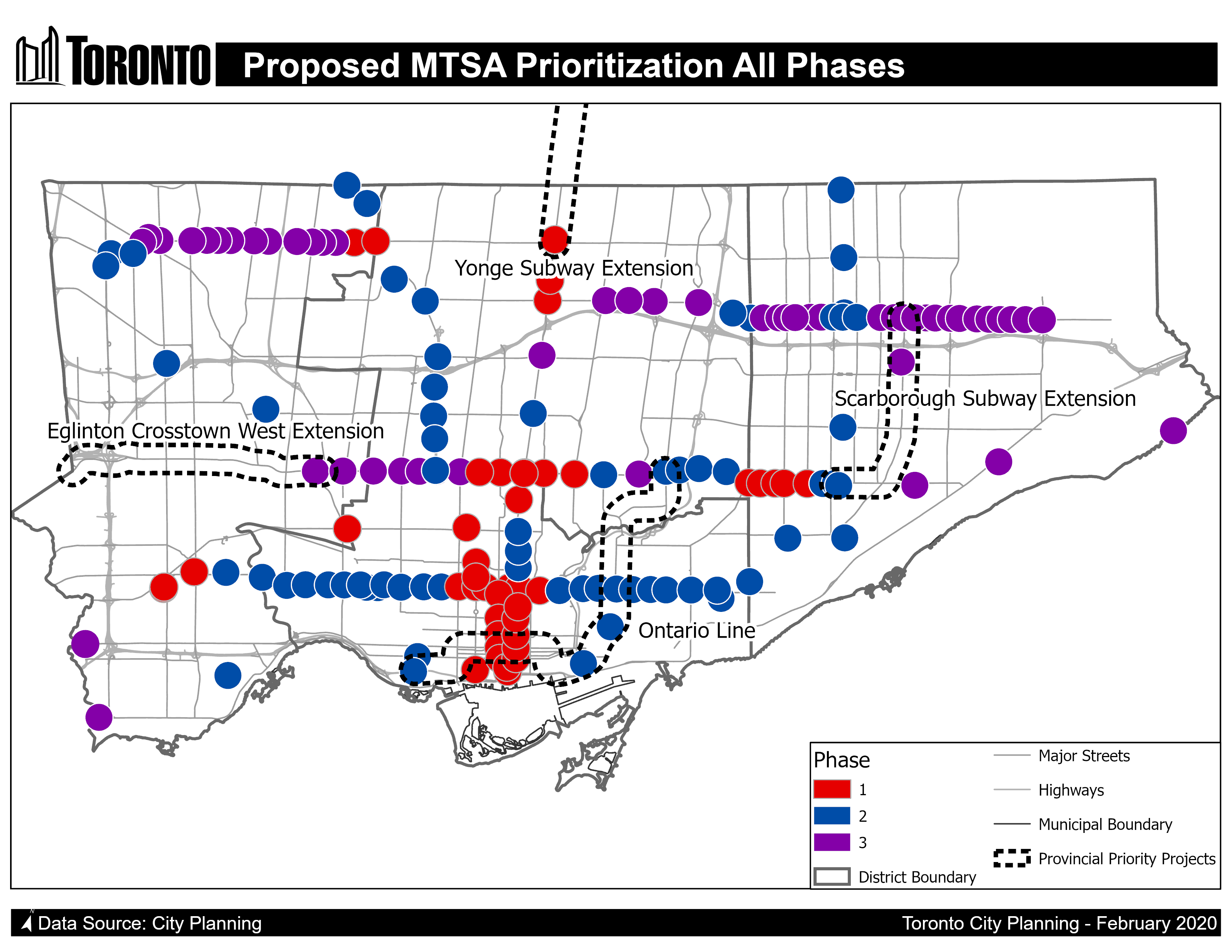 Map of proposed MTSA Prioritization All Phases - Red dots indicate major streets, blue dots indicate highways, and purple dots indicate municipal boundaries