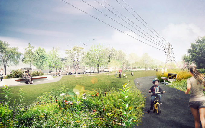 This image shows an artist rendering of typical conceptual Green Line Park design character and improvements post- construction and revitalization of new and existing parks. The image features an accessible park path, with a child riding his bike, a jogger running along the path, and multiple individuals walking alongside. The background of the image shows hydro lines, and kids and families playing in the green lawn space. The sidewalk on Geary Avenue is seen in the background. This image is conceptual.