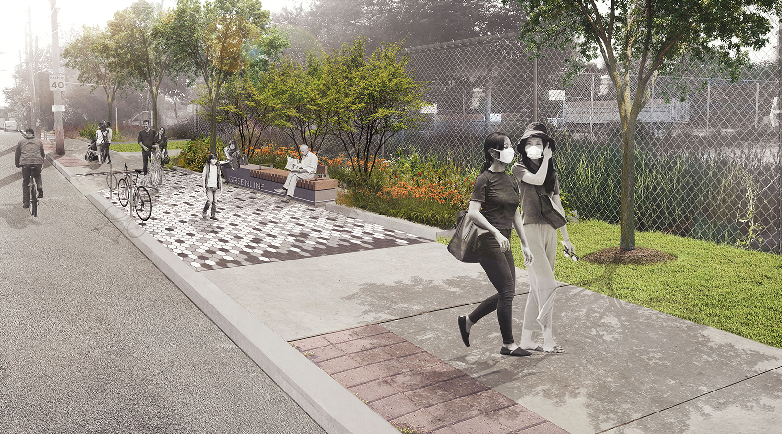This image shows an artist rendering of a Concept Plan for streetscape improvements on Geary Avenue that are part of the new park Geary which will be built in 2021. The image features design elements from the park, such as special paving, benches and planting that will visually identify this area as a connector between Green Line parks. The illustration shows people sitting on the bench and gathering at the park entrance which can be seen in the background. This image is based on the Concept Plans for the park.