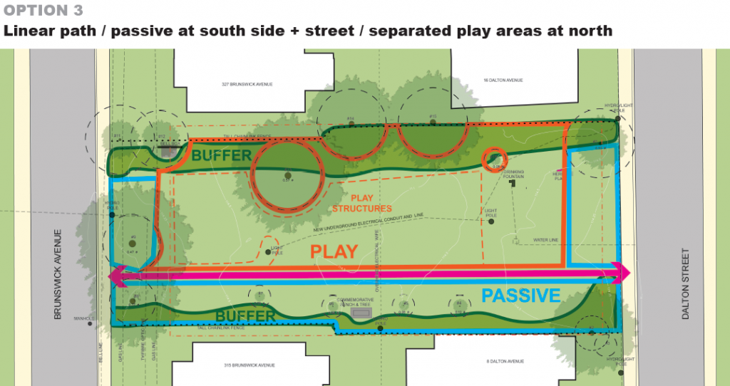 An aerial layout of a potential design for the park, option 3. A description follows in list format.