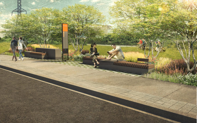 The image shows an artist rendering of conceptual Green Line Park entrance design character and improvements. The image highlights two benches adjacent to the sidewalk, wayfinding signage, new planting, and individuals biking along the park pathway can be seen in the background. This image is conceptual.