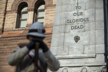 This is an image of the Sentries in position at the Old City Hall Cenotaph during Remembrance Day