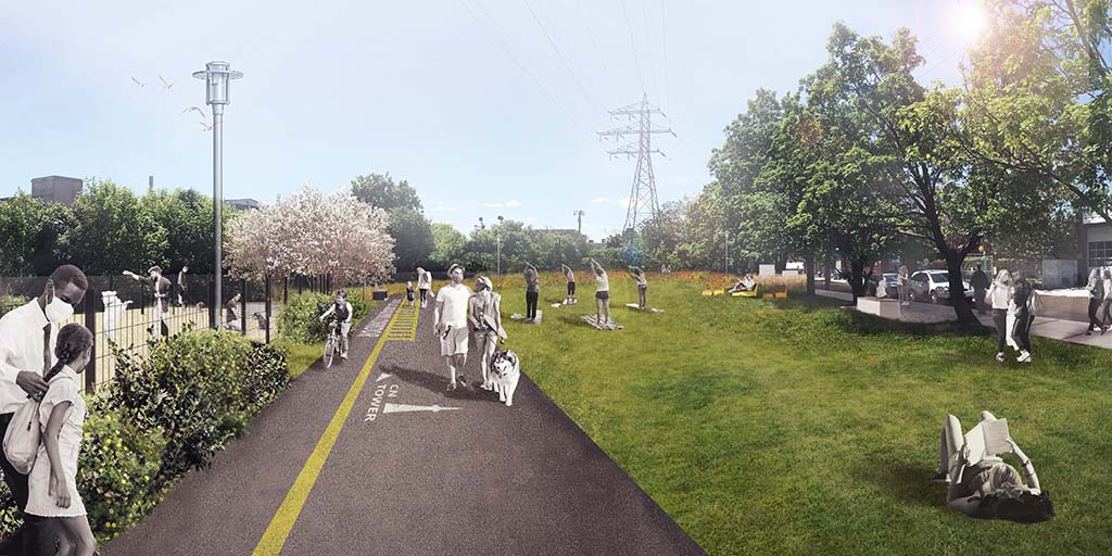 This image shows an artist rendering of a Concept Plan Option Geary Avenue Park design character of the park that will be built in 2021. The image features an accessible park path with special pavement markings to identify the Green Line and the local neighbourhood and highlights a group of people doing yoga on the lawn, a person reading, and people walking along the path. The image shows the entrance to an off-leash area. The image also includes new flowering tree planting, and the sidewalk on Geary Avenue is seen in the background. This image is based on the Concept Plans for the park.