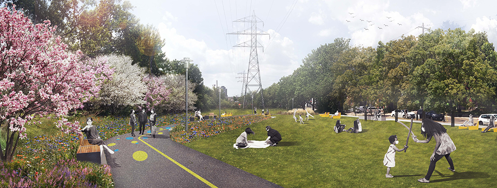 This image shows an artist rendering of one of the Concept Plan Options for Geary Avenue Park Expansion. The illustration shows the design character of the new park that will be built in 2021. The image features an accessible park path with special pavement markings to identify the Green Line and the local neighbourhood and highlights groups of people sitting on benches placed adjacent to the pathways, sitting and playing on the new green lawn space, and walking along the pathway. The image also includes new meadow and flowering tree planting, and the sidewalk on Geary Avenue is seen in the background. This image is based on the Concept Plans for the park.