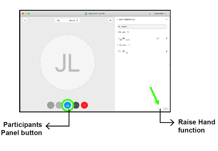 WebEx window showing the button to click on to reveal with "raise hand" option to ask a question on the desktop application