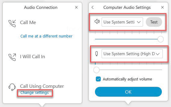 WebEx window which shows the various call options, along with the option to change settings for calling using computer