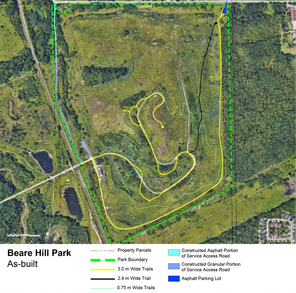 This is an aerial photo of the Beare Hill Park site under development. There are markings on the image that show the location of trails, parking lots and service roads, as well as boundaries and width of trails. 