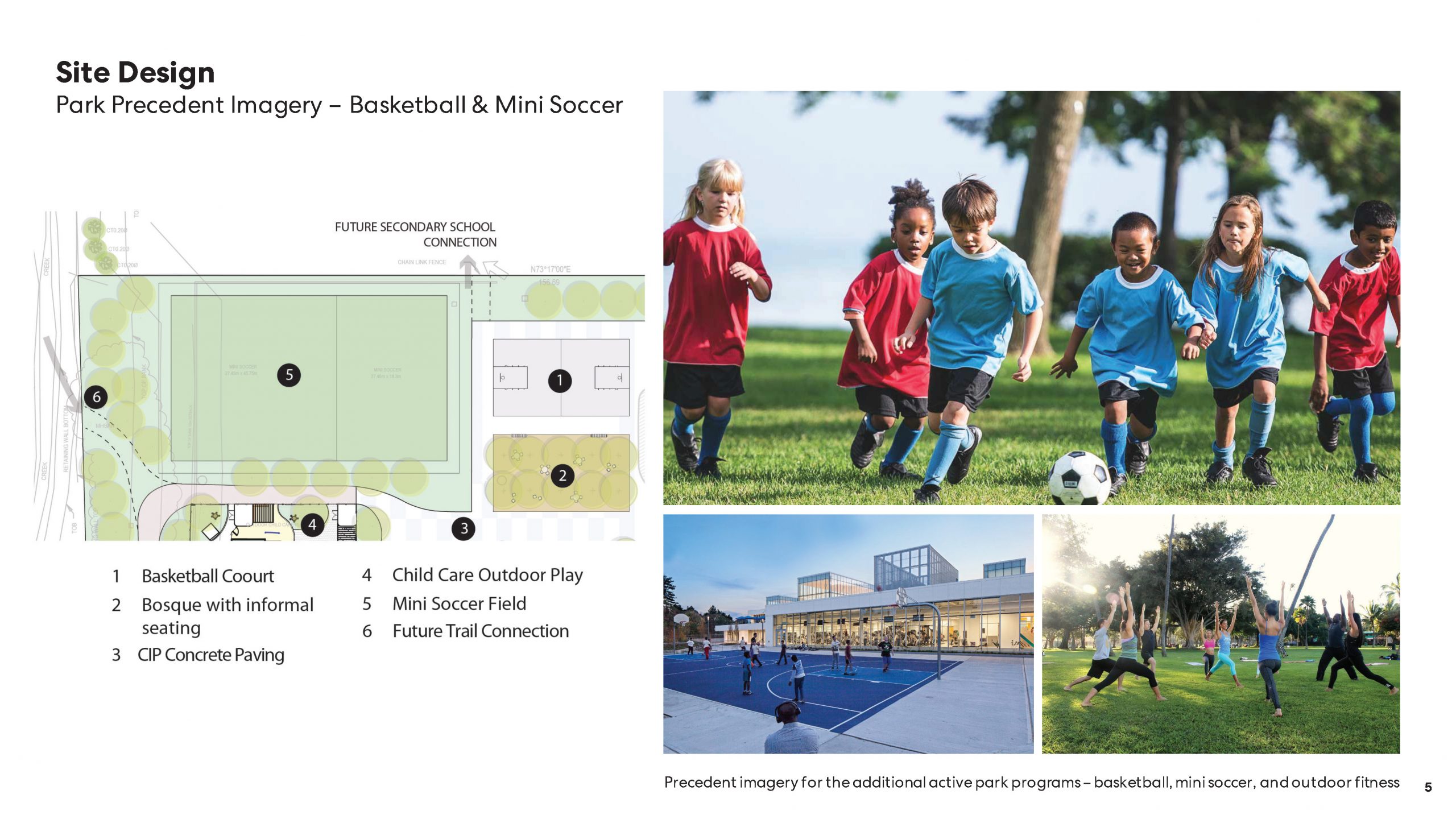 Precedent imagery for the additional active parks programs – basketball, mini soccer and outdoor fitness