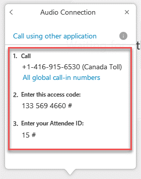 WebEx windows showing the call-in option, along with the call-in number.