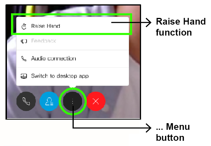 WebEx window showing the button to click on to reveal with "raise hand" option to ask a question