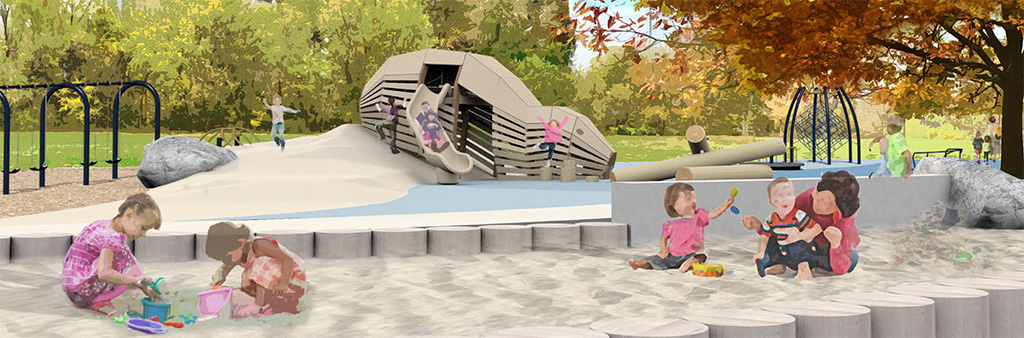 A view from the north east of the final design for the new Tom Riley Park Playground, which has been refined based on community feedback. It will be beaver themed and include the play features listed below.