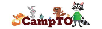 Cartoon animals surrounding the word CampTO, a larger raccoon wears a green staff shirt