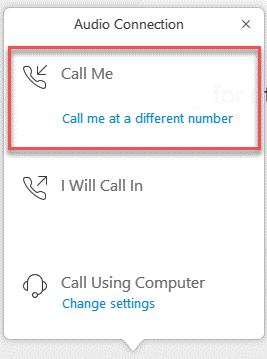 WebEx window which shows the option to select "Call me at a different number"