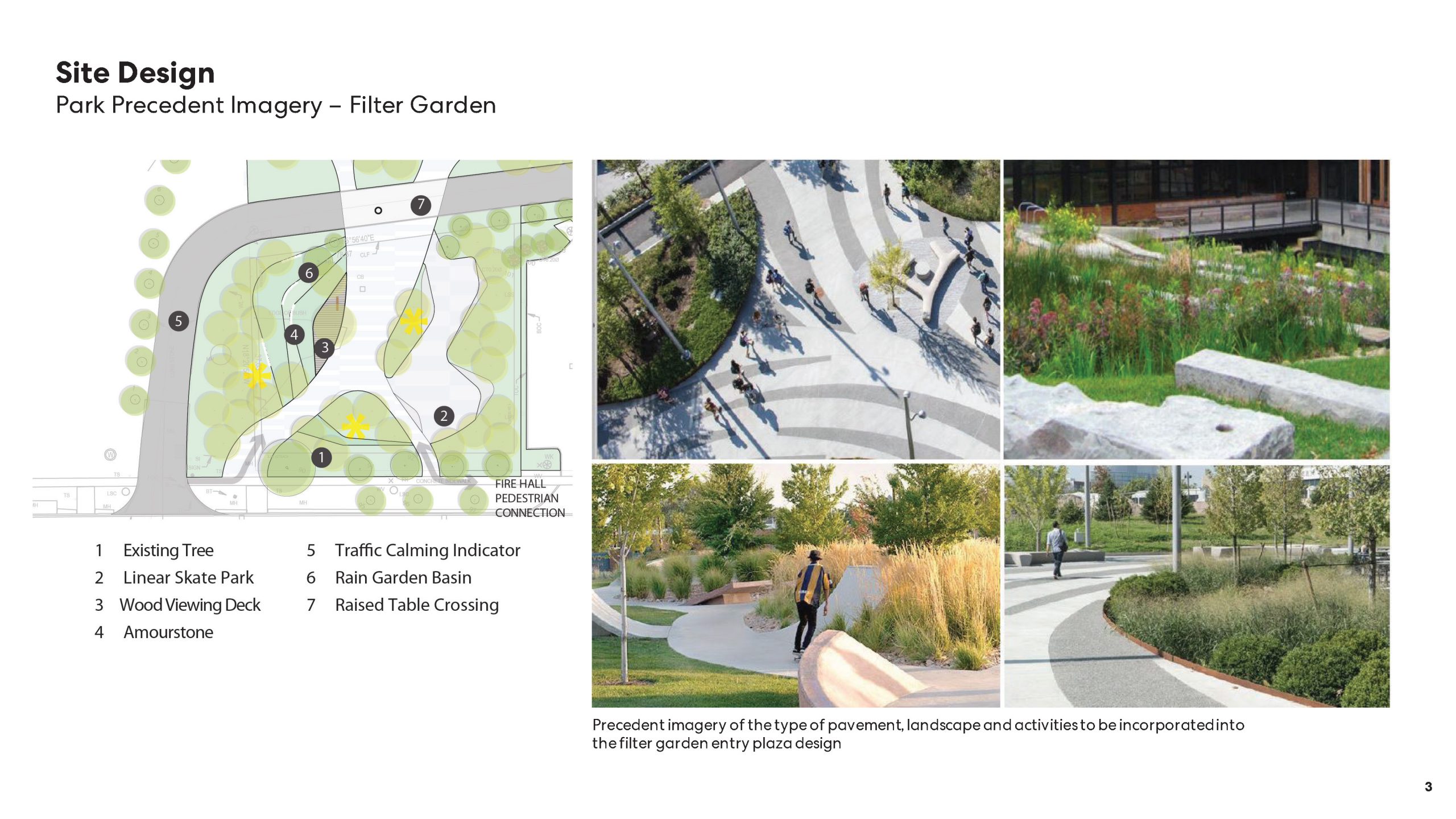 Precedent imagery of the type of pavement, landscape and activities to be incorporated in to the garden entry plaza design