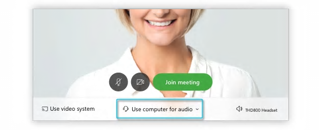 Sample window of a WebEx call outlining the options for audio. In this example, "use computer for audio" has been selected