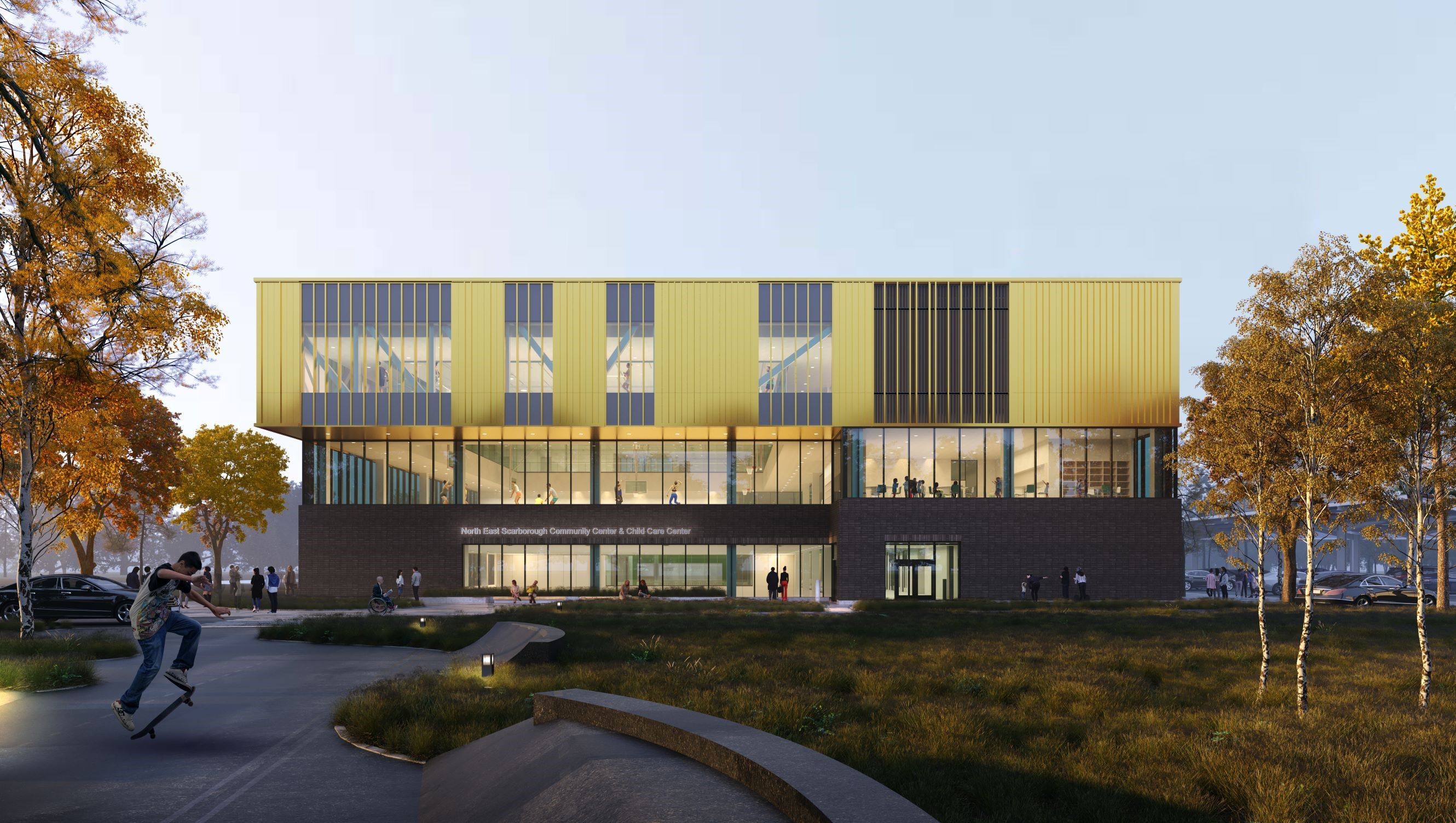A rendering of the exterior of the new North East Scarborough Community and Child Care Centre taken at ground level from Sheppard Avenue East.