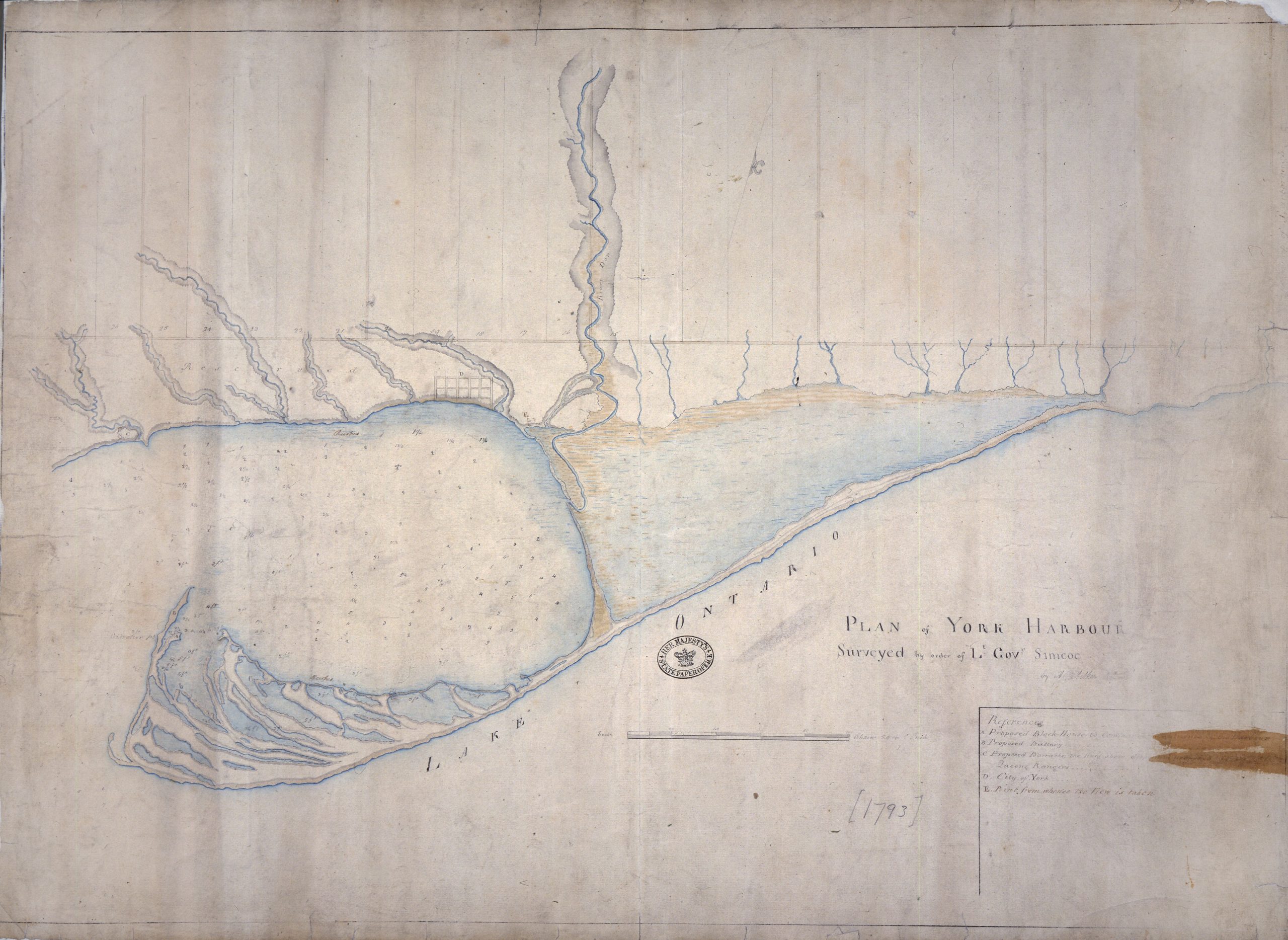 The earliest known map of Toronto Harbour was created by Alexander Aitken by order of Lt Gov Simcoe in 1793