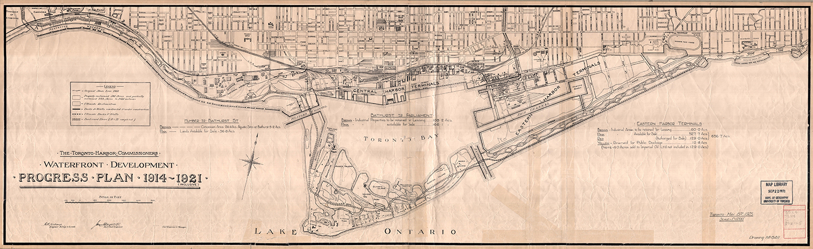 This plan from the Toronto Harbor Commissioners, originally published in 1912, for the Toronto waterfront and harbour eventually led to the development of the Port Lands. It featured a boulevard linking the western harbour with the new port, with bridges that were planned to span the western channel and the eastern gap