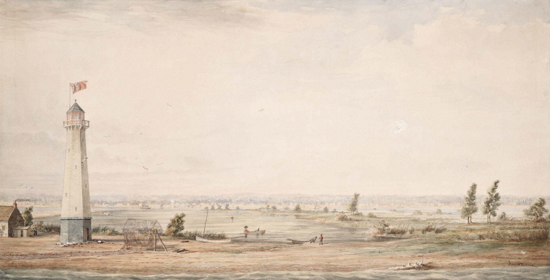 Painting depicting a view of Centre Island from near the lighthouse in 1817