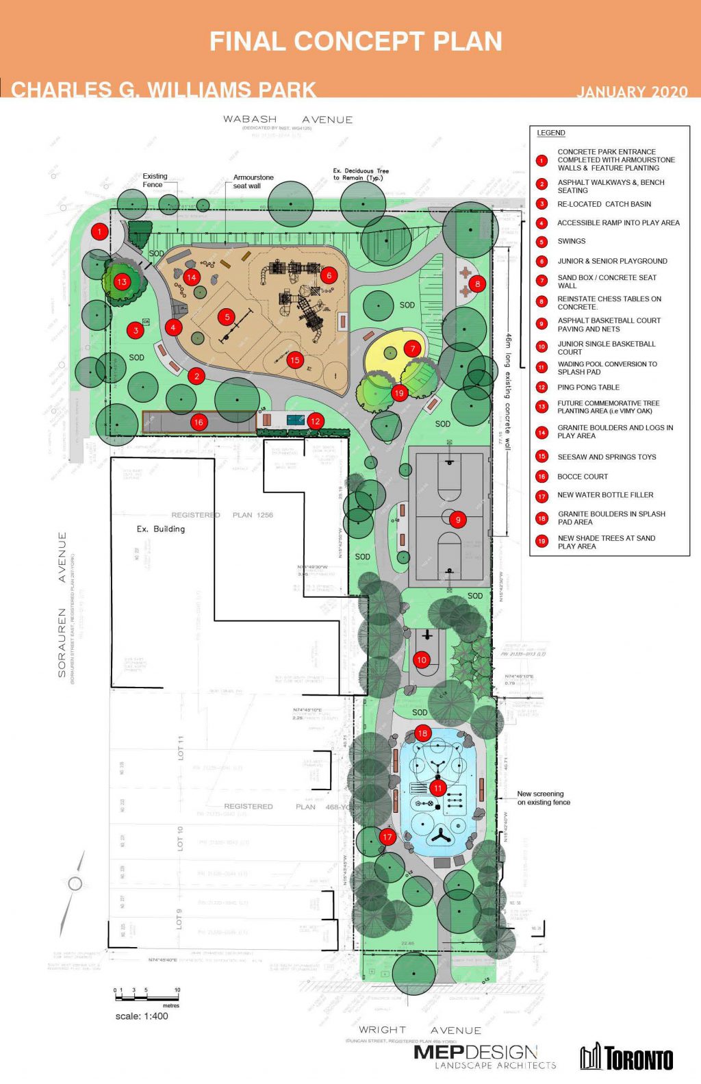 The plan includes upgrades to the existing playground, the conversion of the existing wading pool to a new splash pad, a new junior basketball court, upgrades to the existing basketball court and a new bocce court. New accessible pathways, bench seating and new tree plantings are also included. 