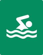 A green sign showing a person swimming in the water.