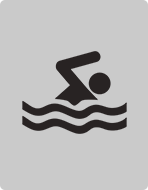 A gray sign showing a person swimming in the water.