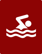 A red sign showing a person swimming in the water.