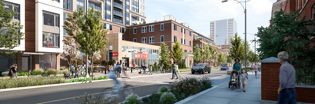 A rendering of a reconstructed street, with emphasis on the landscaping between the road and the sidewalk, the wide sidewalks, and many pedestrians of all ages and abilities.