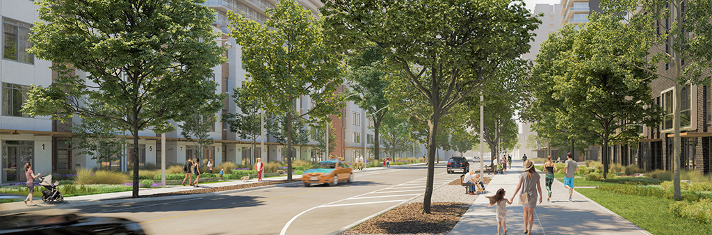 Rendering of Midtown street with tree lined sidewalks, buildings, and pedestrians walking