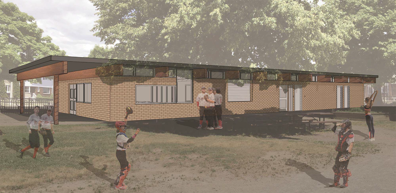 A rendering of the proposed design for the exterior of the Topham Park Clubhouse which includes new windows for improved energy efficiency