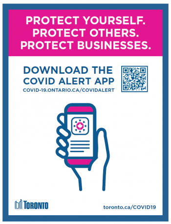 poster. hand holding smartphone. download the covid alert app.