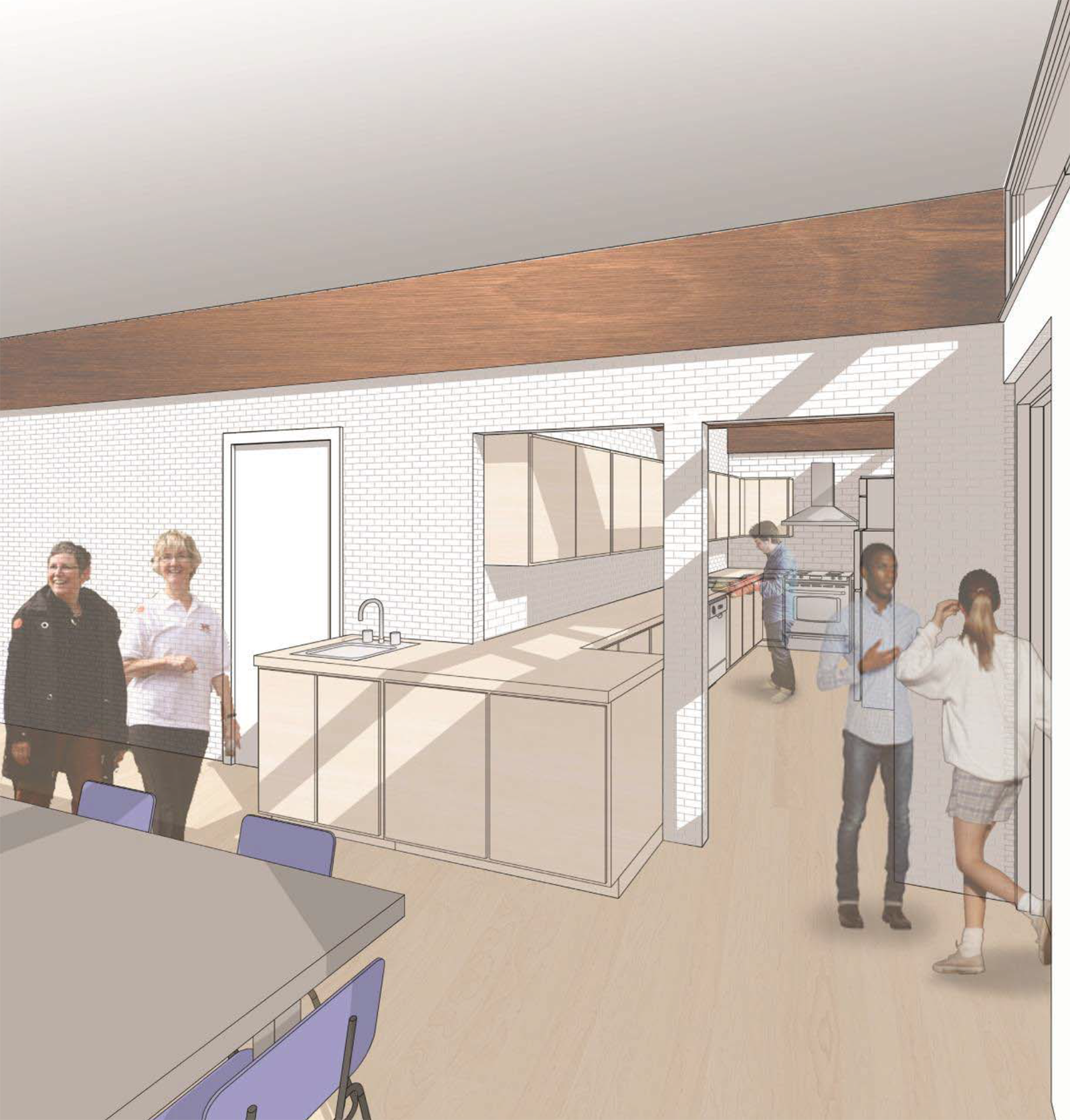 A rendering of the proposed design for the interior of the Topham Park Clubhouse, which includes a community kitchen and servery.