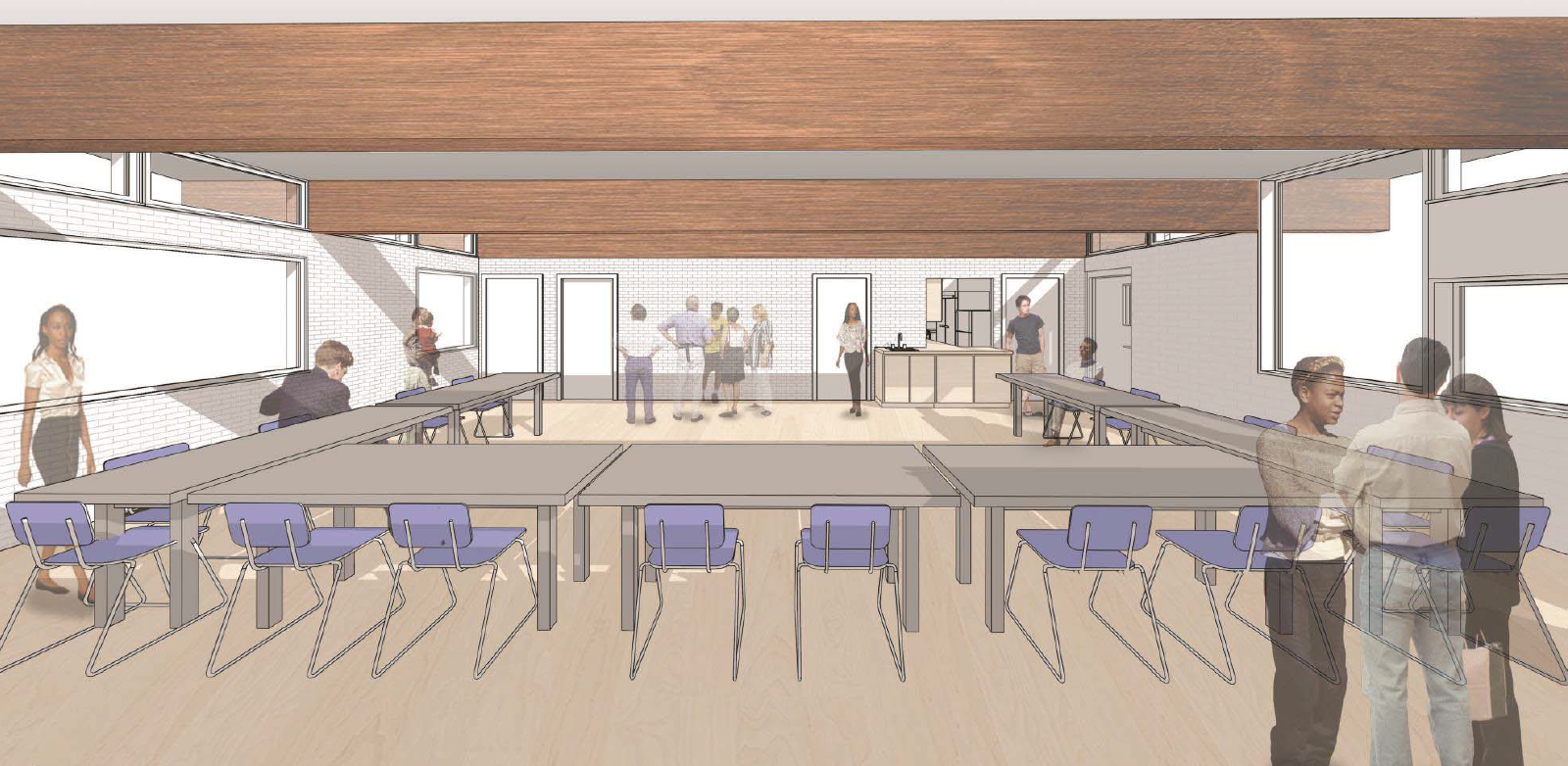 A rendering of the proposed design for the interior of the Topham Park Clubhouse which includes large community rooms with sinks and counter space for community programming.