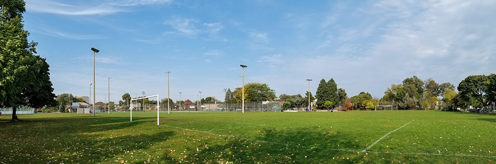 The soccer field at Dieppe Park on a sunny day.