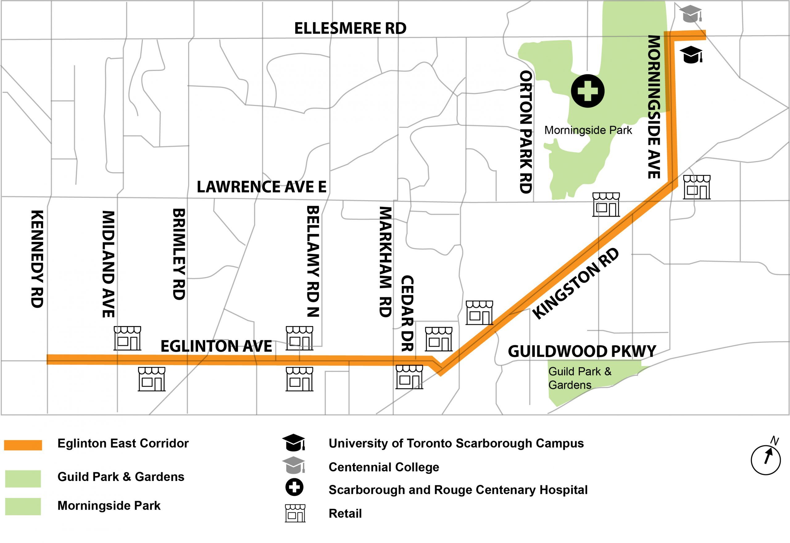 Map of the 8.5-kilometre Eglinton East corridor which runs along Eglinton Avenue East, Kingston Road and Morningside Avenue from Brimley Road, through to the University of Toronto Scarborough Campus.