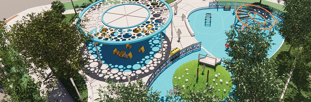 Aerial perspective rendering of the Concept Plan for the new park site, facing East from Holmes Avenue. image shows park users in and around the play areas, along the pathways and underneath the planned shade structure.