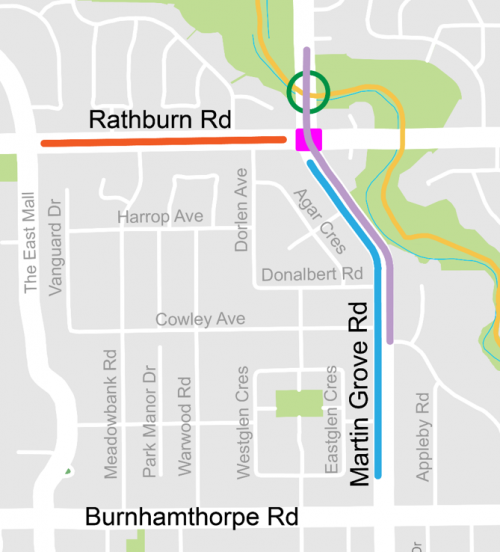 Map showing the location of the watermain replacement on Martin Grove Road, the location of the proposed safety improvements on Martin Grove Road and the proposed safety improvements on Rathburn Road