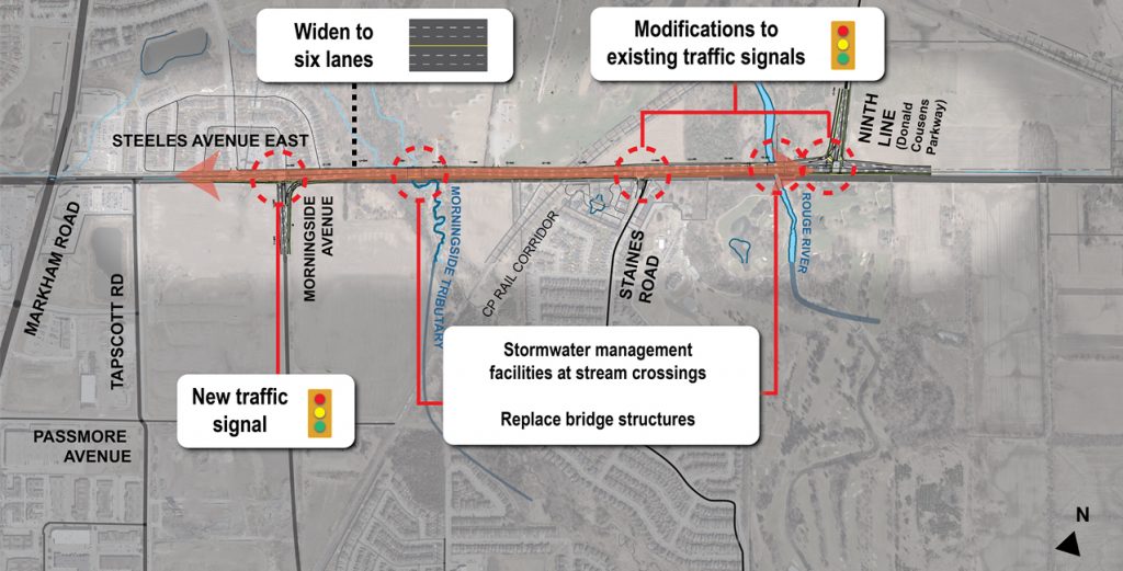 Widening Map between Steeles Avenue East, Please contact Steven Ziegler at steven.ziegler@toronto.ca or 416-392-2896 for more information.