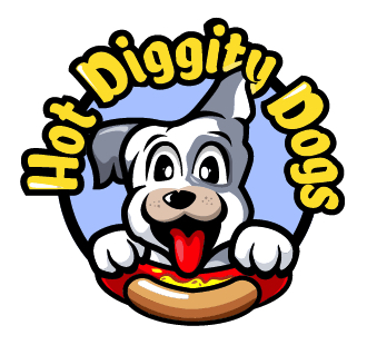 Hot Diggity Dogs logo. Image of dog with a hot dog