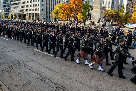 Image of 32 Brigade of the Royal Canadian Army marching along University Avenue