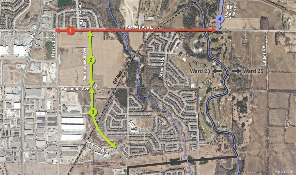 Study Area map between Steeles Avenue East, Morningside Avenue and Donald Consens Parkway. Please contact Steven Ziegler at steven.ziegler@toronto.ca or 416-392-2896 for more information.