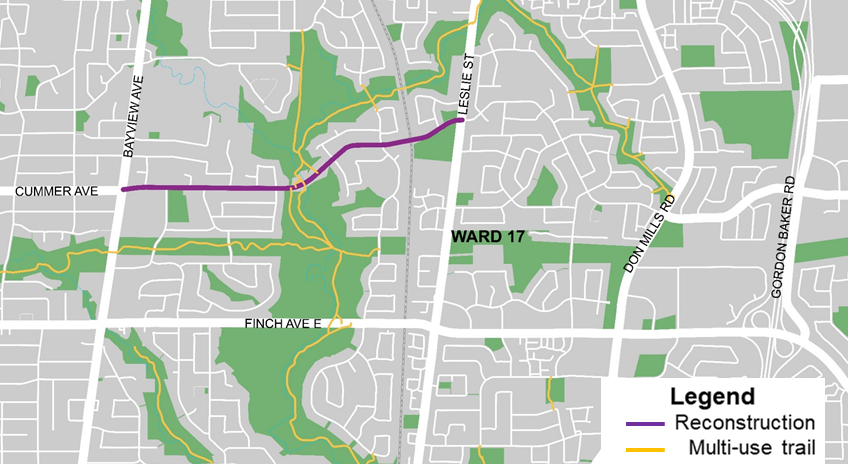 Map showing the route from Bayview ave to leslie st. If you need help reading this map, please contact Alyssa.Cerbu@toronto.ca