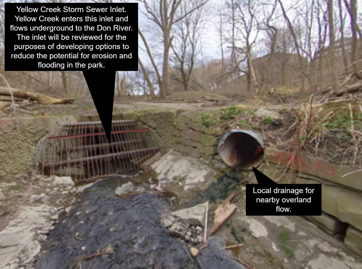 Yellow Creek storm sewer inlet. Yellow Creek enters this inlet and travels underground to the Don River. This inlet to be reviewed for the purposes of developing options to reduce the potential for erosion. Local drainage for nearby overland flows.